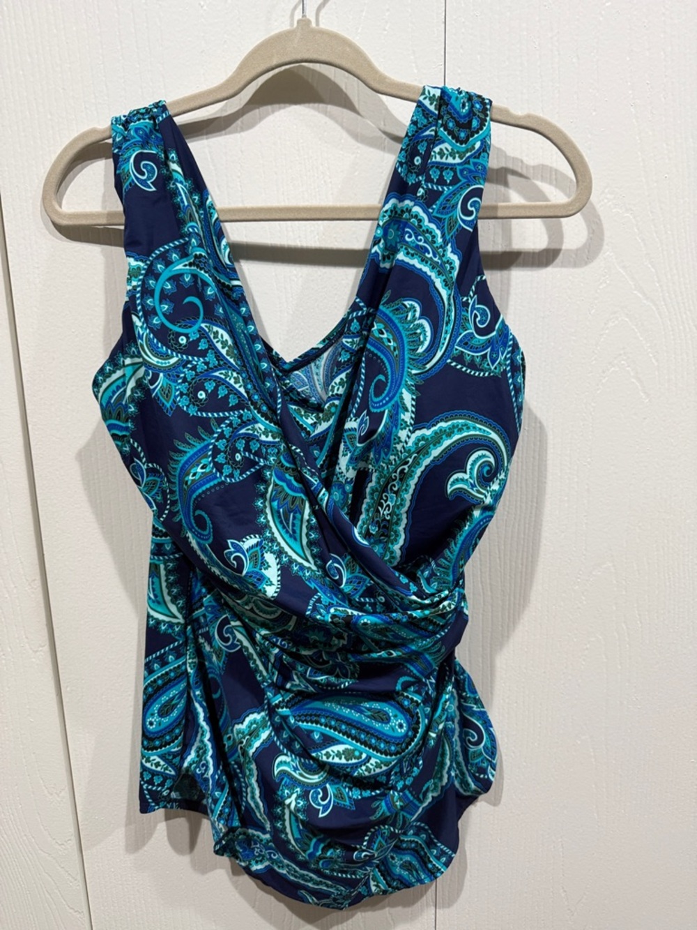 Lands' End Women Slender Surplice Blue Paisley Tunic One Piece Swimsuit 16D NWOT